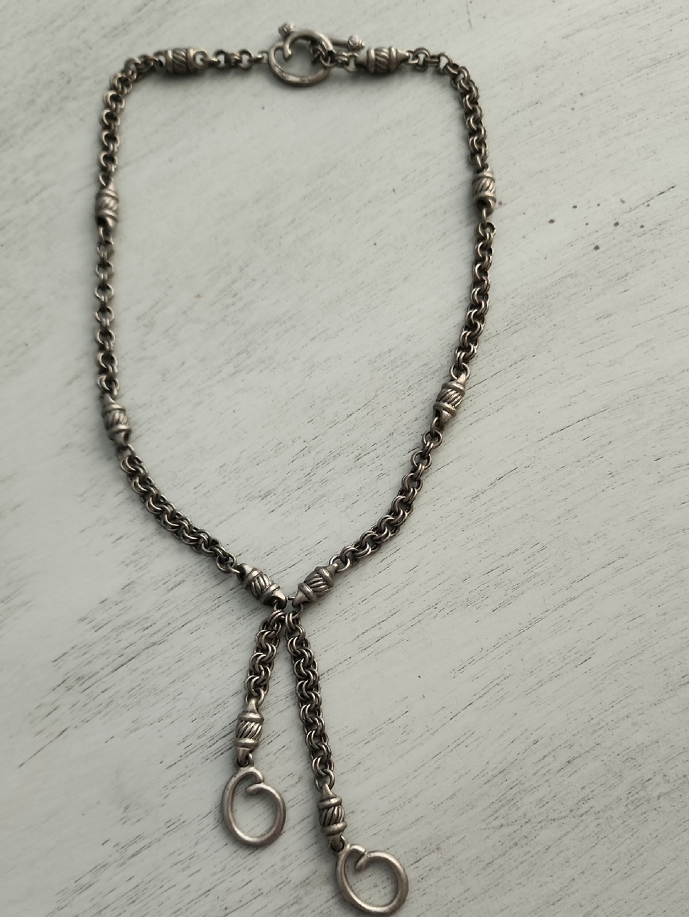 Authentic Oscar de la Renta Silver-Tone Chain Lariat Necklace with Bead Accents